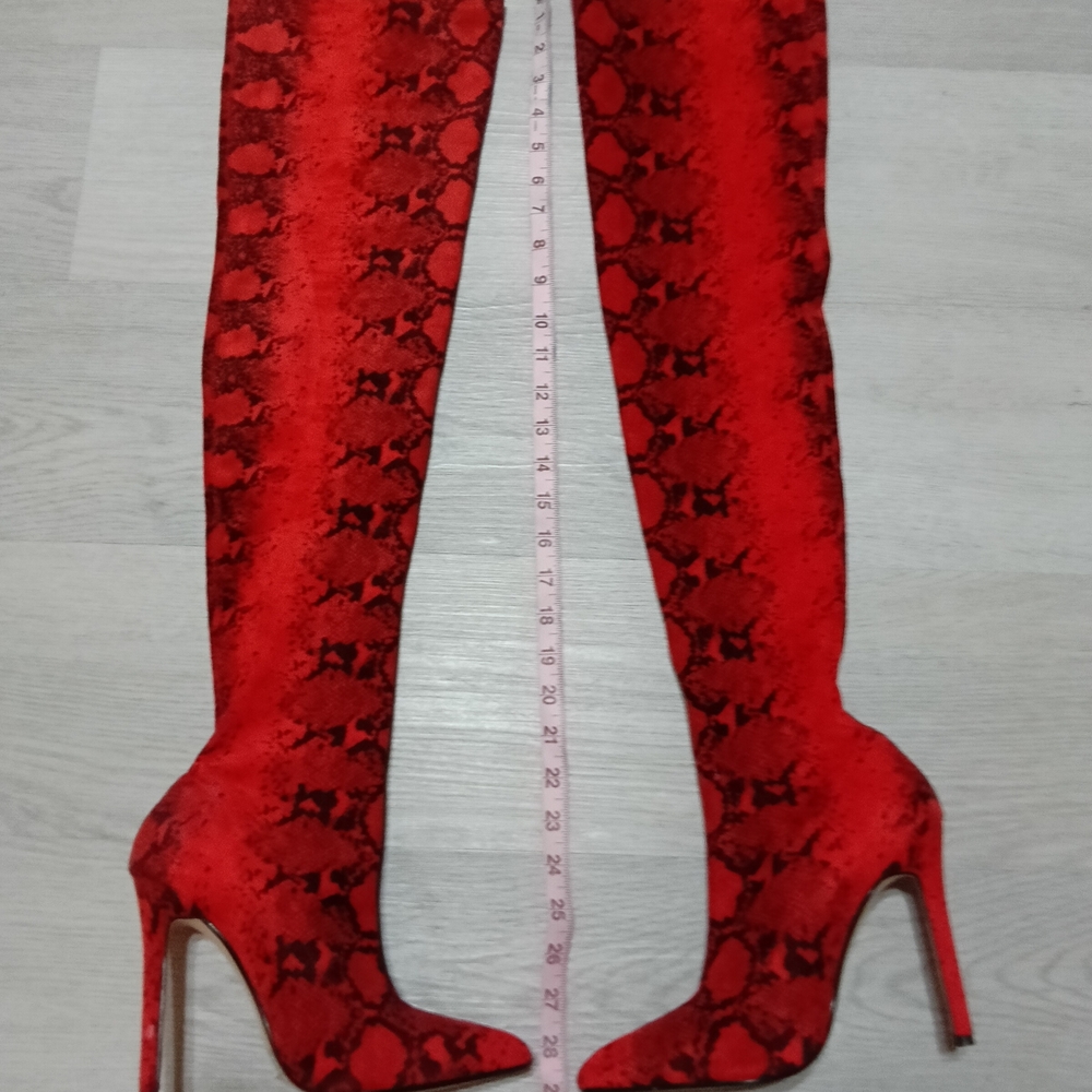 Fashion Nova Red Snake Print Over the Knee Boots - Picture 4 of 8